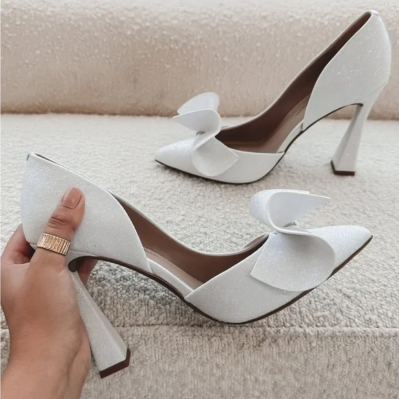 Betsey Johnson White Glitter Heels with Bow - Picture 3 of 5